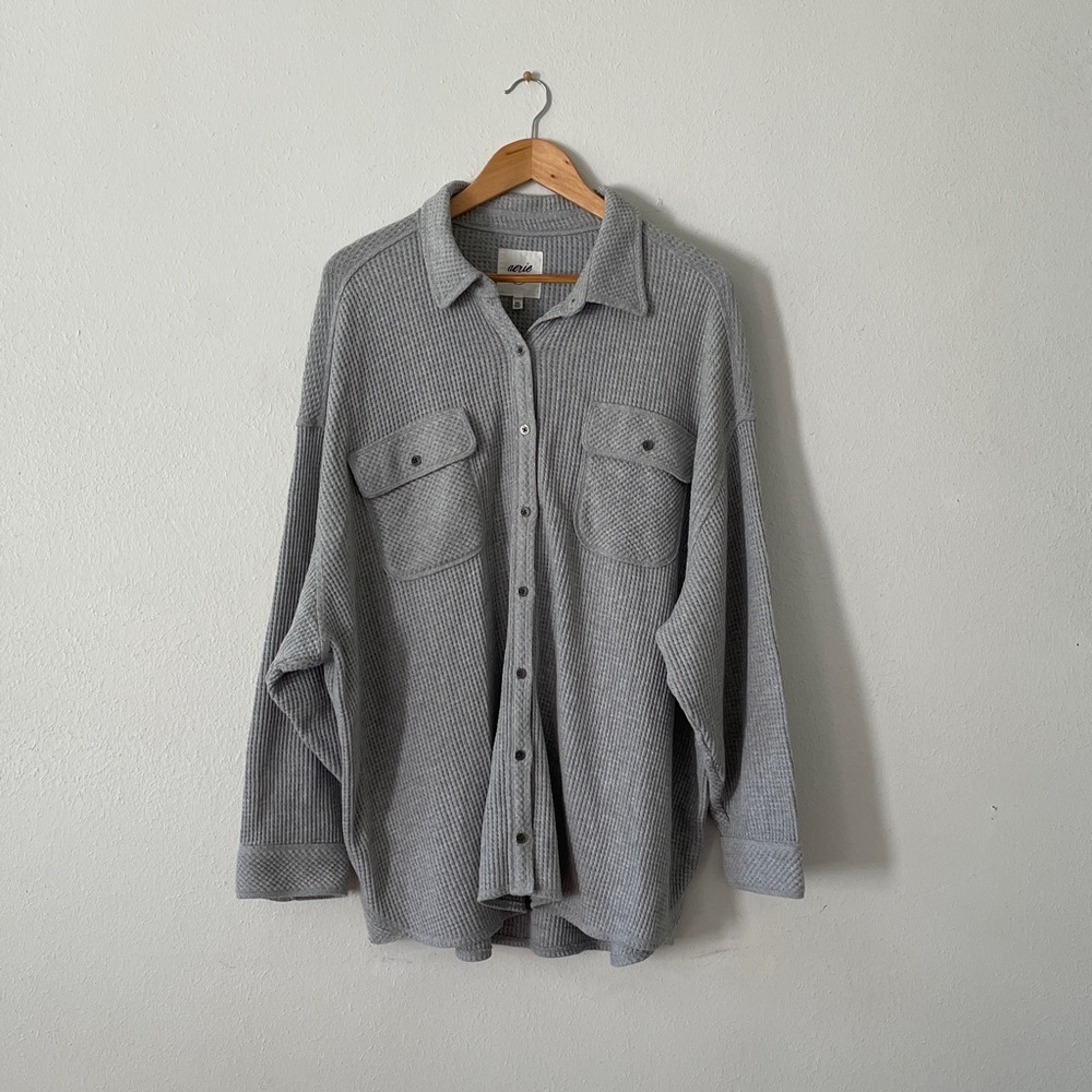aerie Oversized Waffle Shirt Button Up Thermal Shirt Jacket Gray